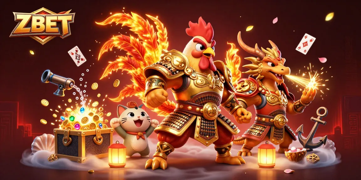 ZBET brings exhilarating excitement with a warrior rooster, dragon hatchling, and fortune cat amid exhilarating gaming scenes.
