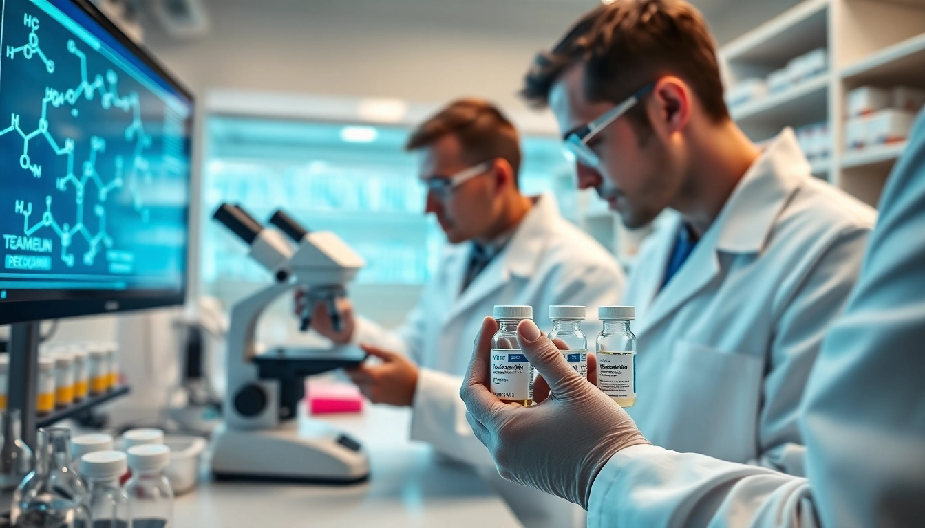 Buy tesamorelin in a professional lab focused on peptide research, highlighting innovative scientific processes.