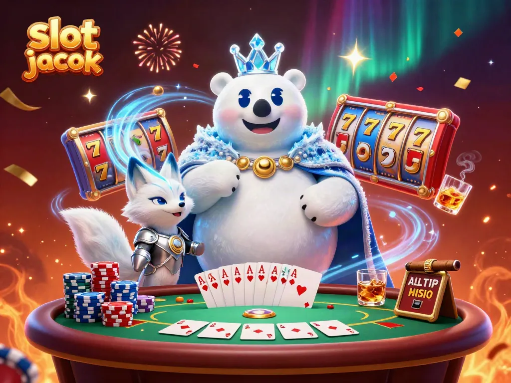 Experience the excitement of a slot jackpot with a vivid 3D cartoon scene of a polar bear and fox among casino elements.