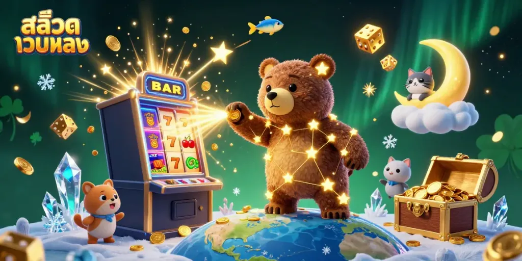 Experience the thrill of สล็อตเว็บตรง with a playful constellation bear collecting coins amidst vibrant casino elements.