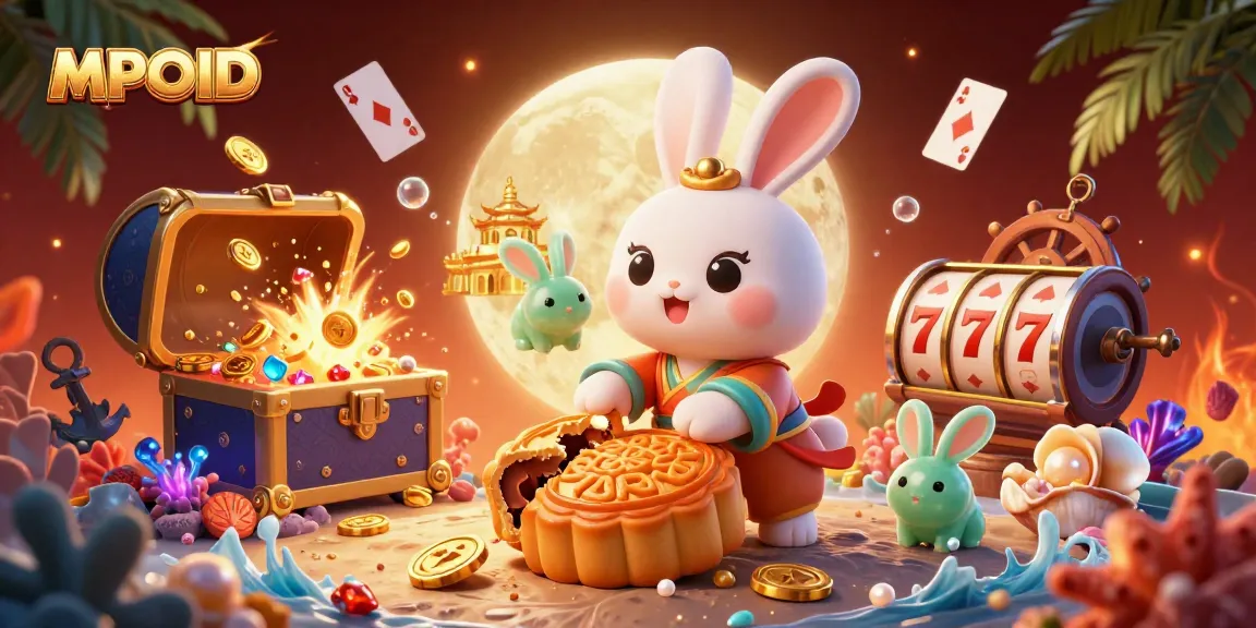 MPOID offers an engaging casino scene with moon rabbit and golden mooncakes revealing poker chips, dynamic gambling elements.