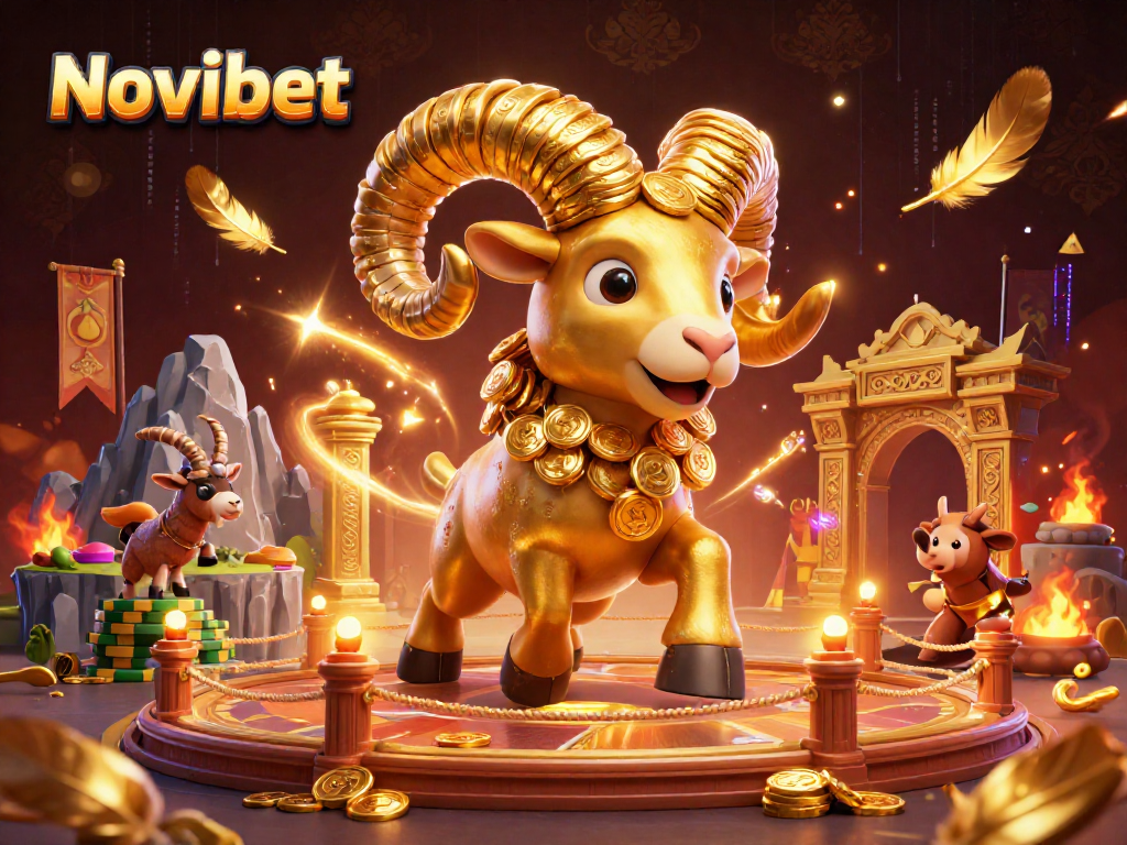 Experience an energetic clash featuring Novibet's golden ram in a dynamic casino setting.
