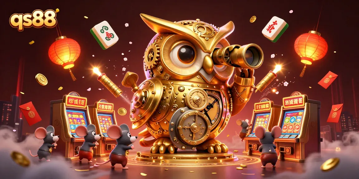 Experience the excitement of qs88 with a golden owl overseeing a vibrant casino scene filled with fortune elements.