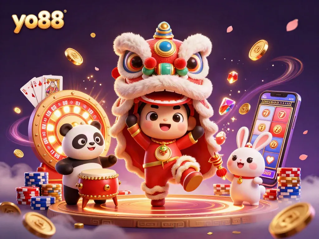 Experience the thrill of yo88 with dazzling casino action and festive celebrations in this vibrant 3D illustration.