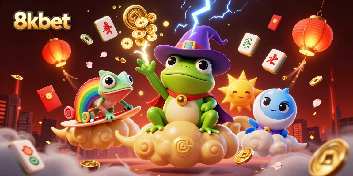 Experience the thrill of 8kbet with a dynamic 3D illustration showcasing vibrant gambling elements and magical characters.