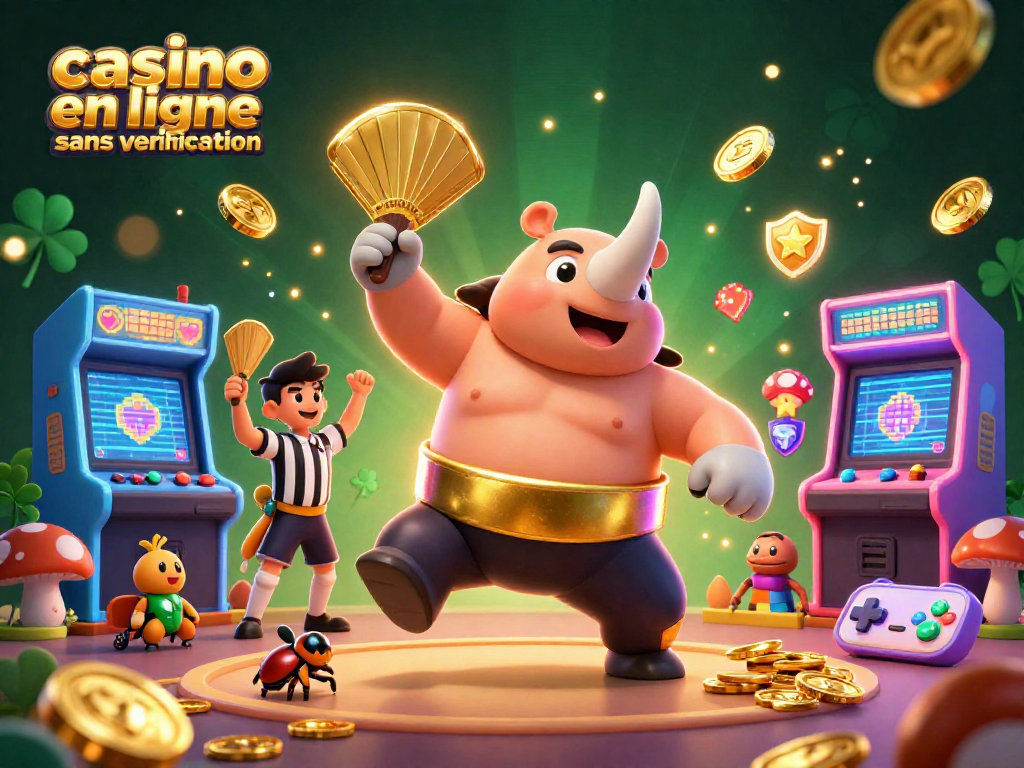 Jouer dans un casino en ligne sans vérification avec des personnages de jeu colorés et des pièces d'or volantes.