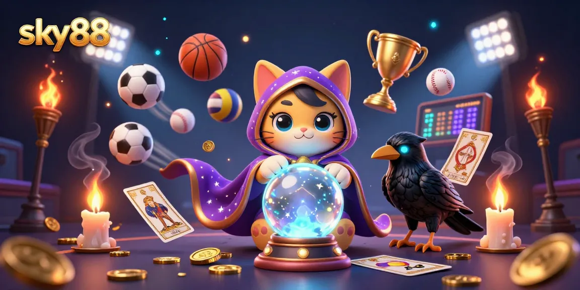 Engage with sky88's dynamic sports betting illustration showcasing fortune teller mystic cat and tarot raven.
