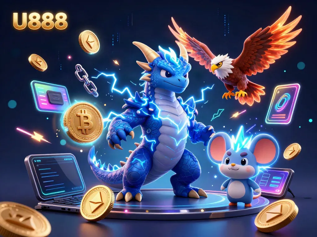 Experience the thrill of U888 with a vibrant scene featuring a powerful dragon and hawk in a dynamic crypto-casino environment.