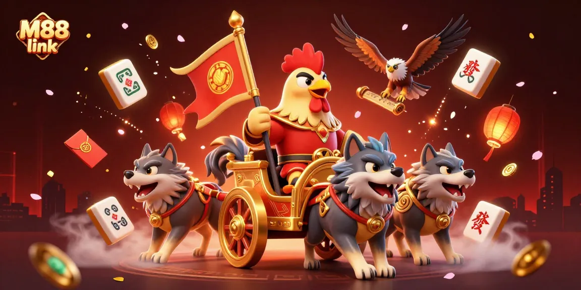 Experience the thrilling M88 link with a cartoon rooster warlord and his majestic golden chariot.