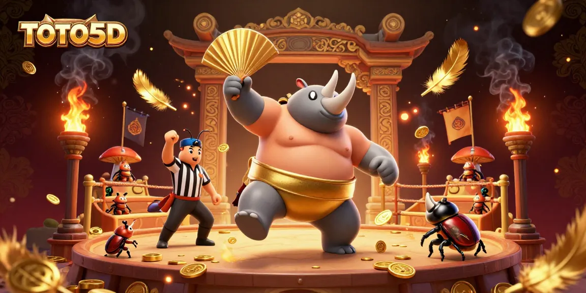 TOTO5D showcases a vivid battle scene with a beetle champion and spectators, symbolizing exciting lottery moments.