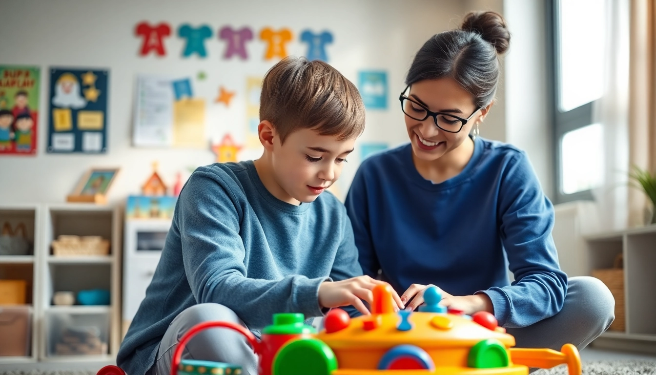 Engaging autism therapy session with a therapist and child, fostering support and growth.