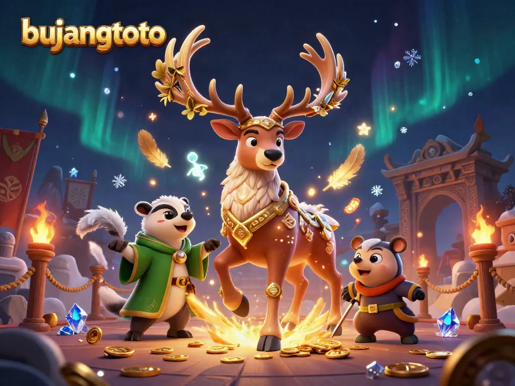 Experience thrilling moments at bujangtoto with a dynamic illustration featuring enchanting characters and rich casino elements.