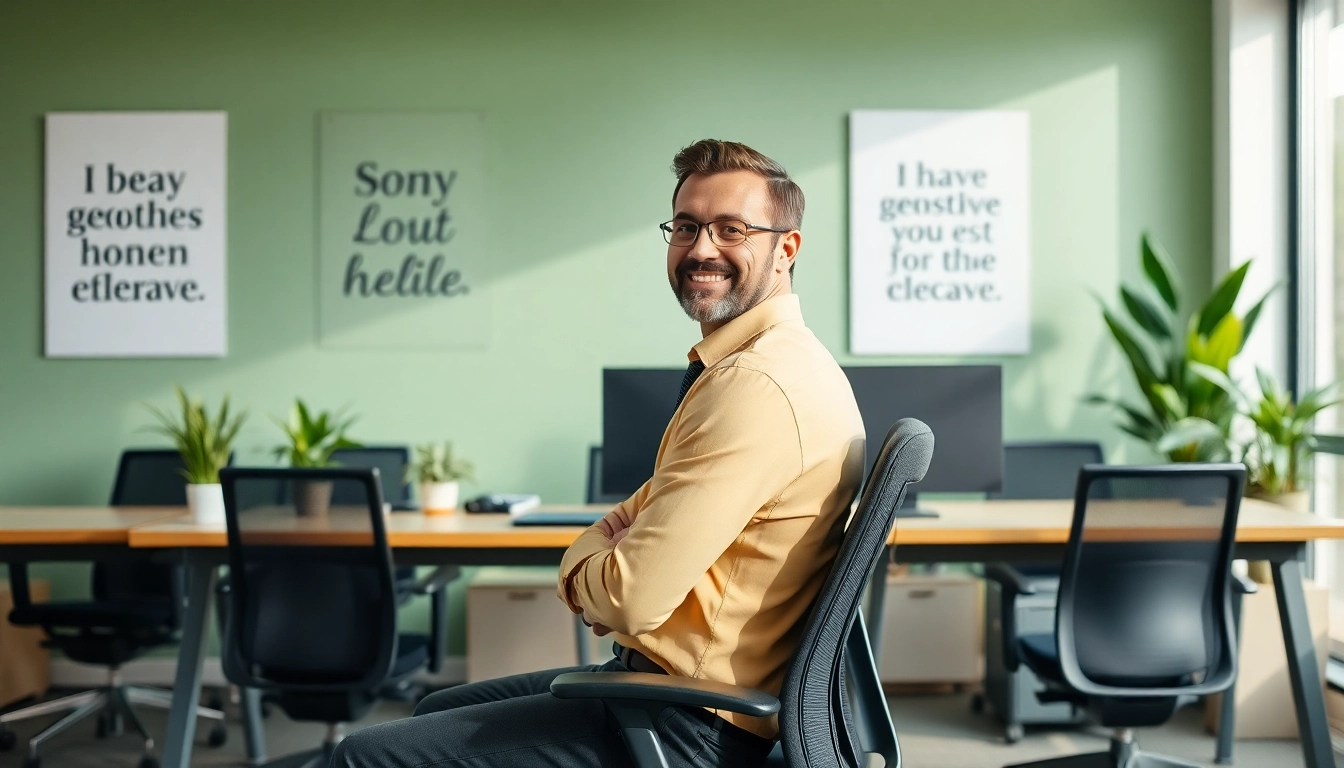 Demonstrating how to improve posture at a modern workstation with proper alignment.