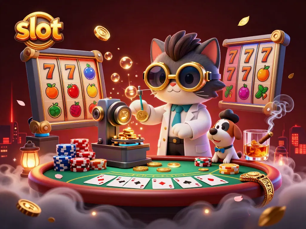 Engaging 3D cartoon scene featuring a mad scientist cat and dog alongside vibrant slot reels and poker elements.