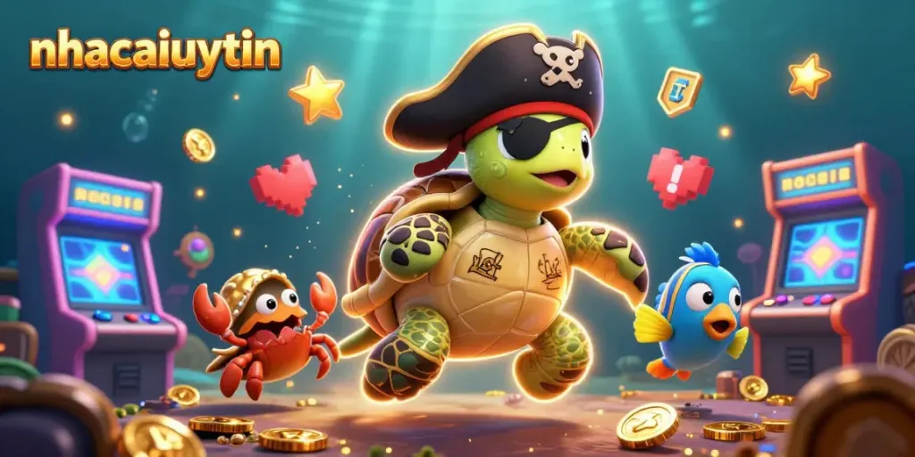 Join the adventure with nhacaiuytin and explore thrilling gaming treasures from a pirate turtle and friends.