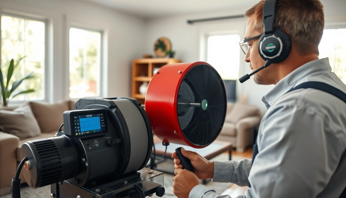 Technician conducting a blower door test in a home, representing top-tier blower door test companies.