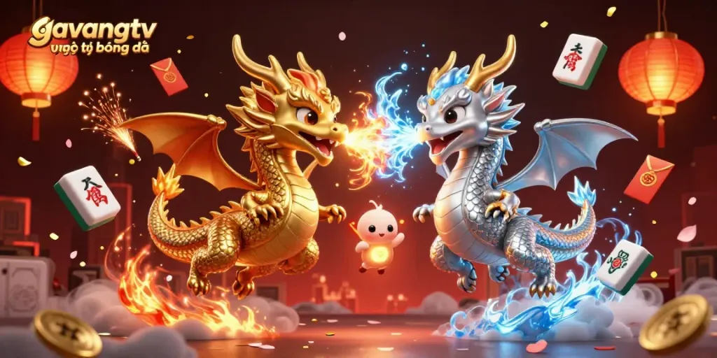 A dynamic illustration of twin dragons symbolizing gambling themes, featured in gavangtv trực tiếp bóng đá.