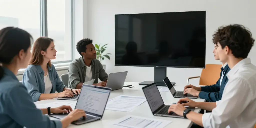 Sales team using product quoting software in a modern office setting.