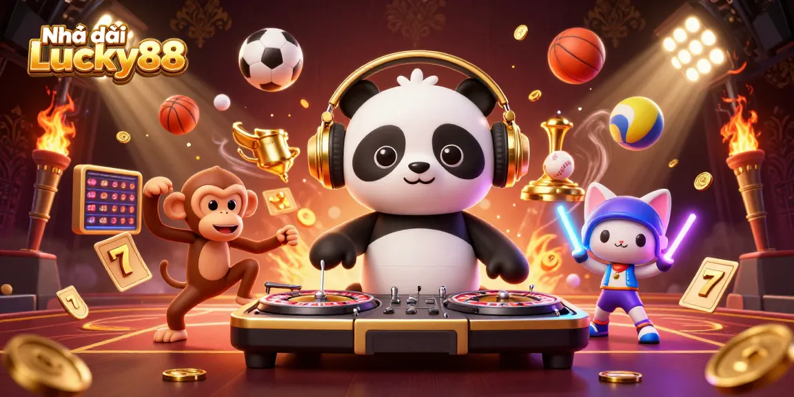 Experience the thrill at Nhà cái Lucky88 with a vibrant illustration of a DJ panda and animated casino fun.