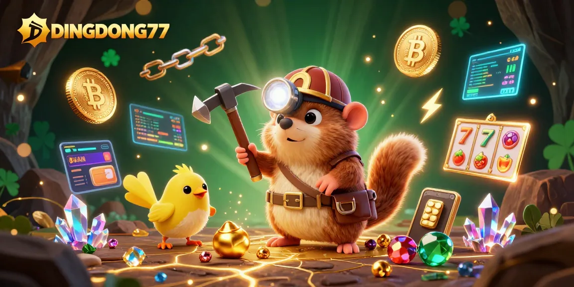 DINGDONG77 casino adventure with a treasure hunter mole, crypto treasures, and vibrant gaming elements.