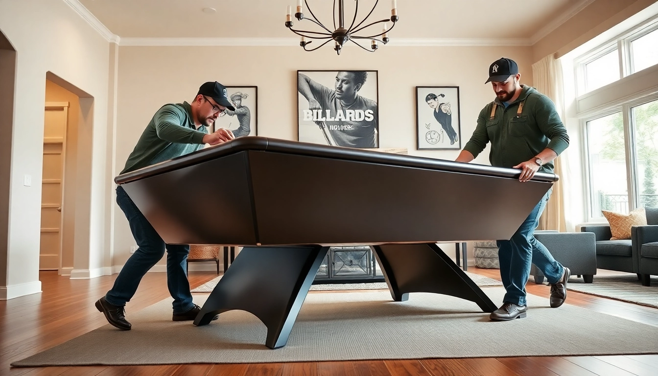 Expert pool table movers dallas setting up a stylish pool table in a modern game room.