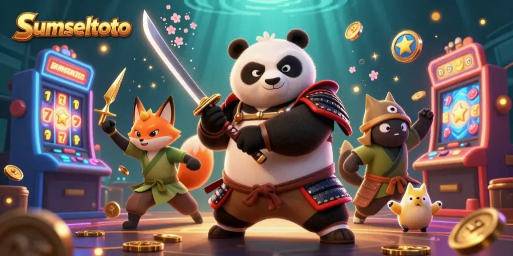 Engaging gambling action in a colorful sumseltoto casino scene featuring a samurai panda and a ninja fox.