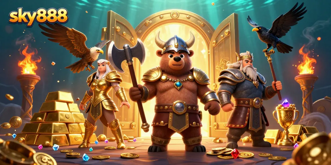 Join the excitement at sky888 with a dynamic Viking and Valkyrie gaming scene layered with treasures.