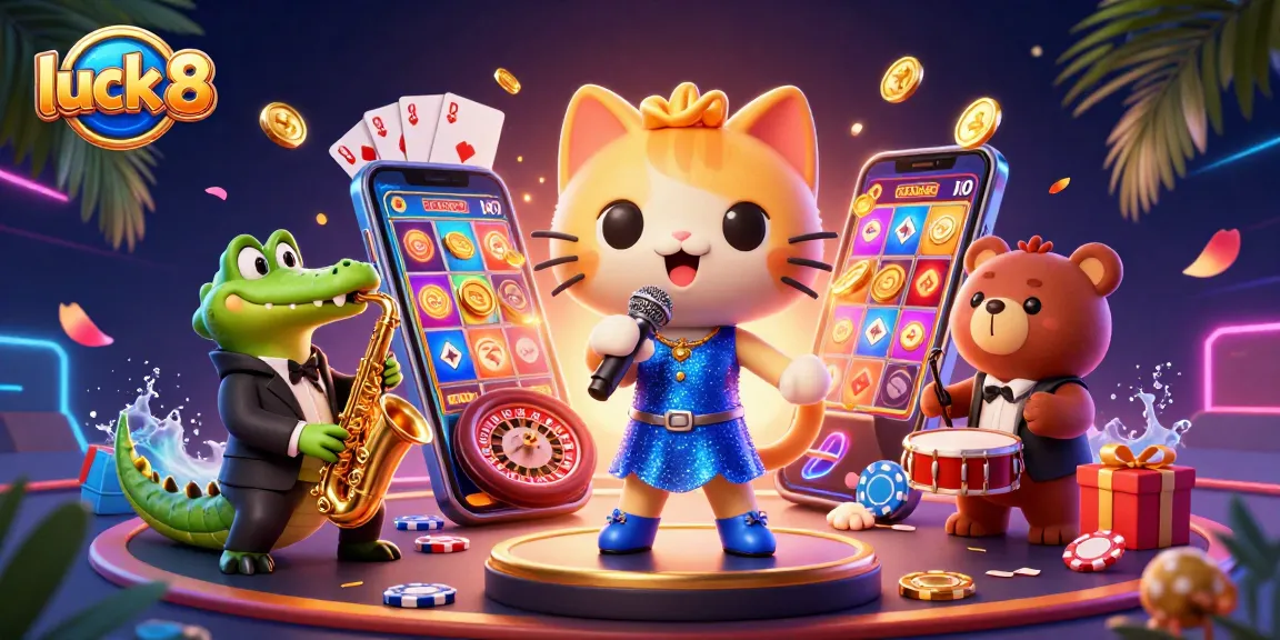 Experience the vibrant atmosphere of luck 8 with a 3D cartoon scene showcasing gaming excitement and unique characters.