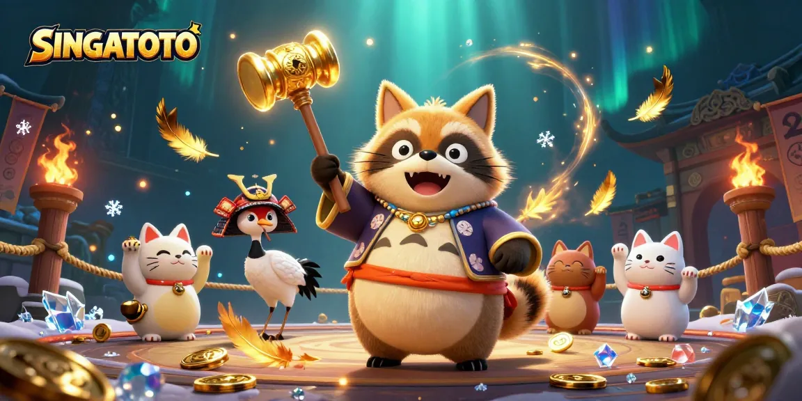 Gambarkan SINGATOTO dengan kucing keberuntungan dan efek atmosferik dalam permainan kasino