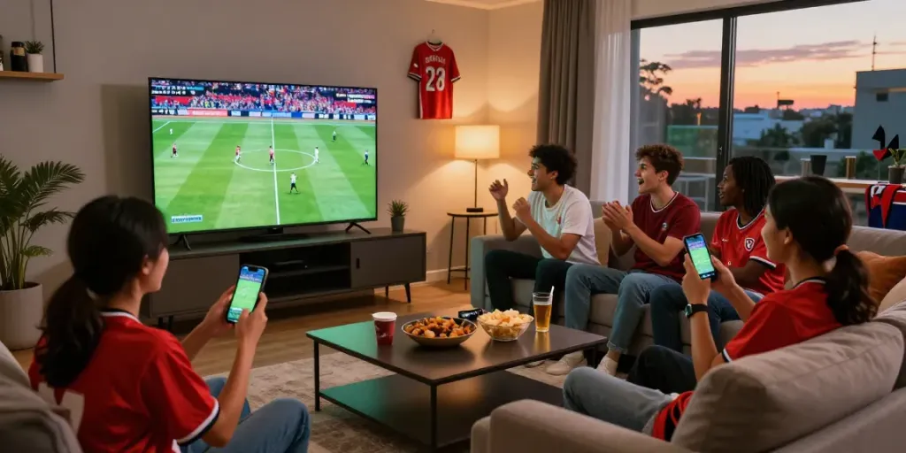 Menonton siaran langsung olahraga di BlendTV dengan GLOWING88 bersama teman-teman sambil menikmati camilan dan suasana menyenangkan.