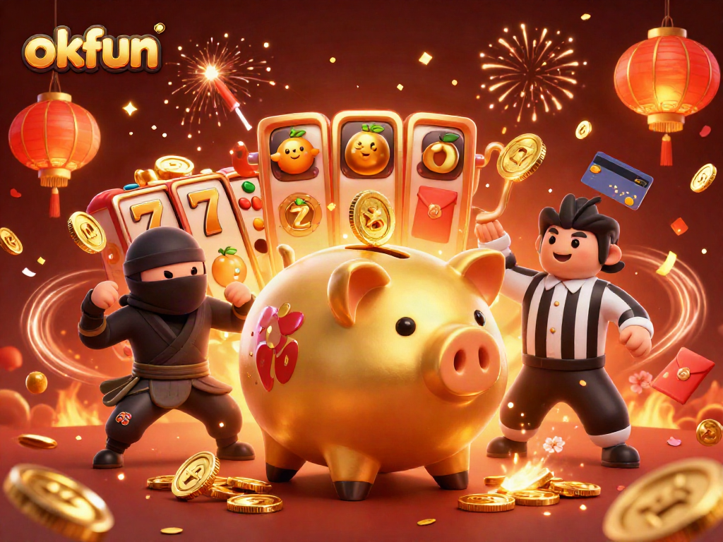 Engage with okfun's vibrant slot scene featuring a sumo wrestler, ninja, and samurai amidst thrilling game elements.
