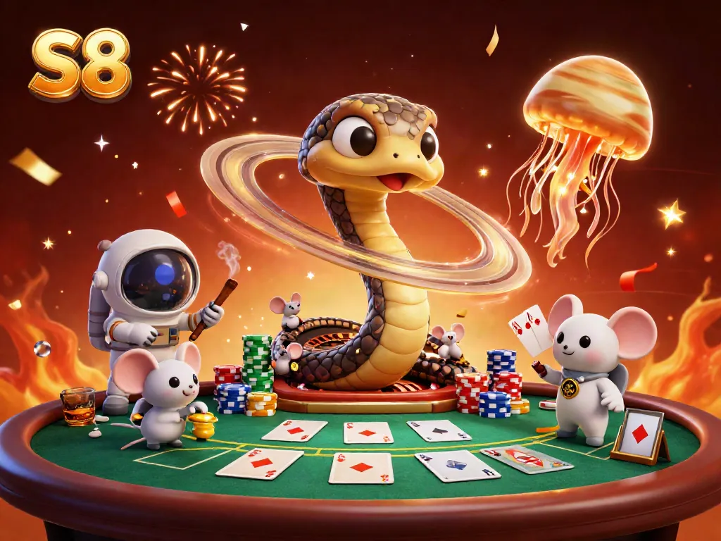 Experience thrilling gambling action at S8 with vibrant cosmic characters and casino elements.