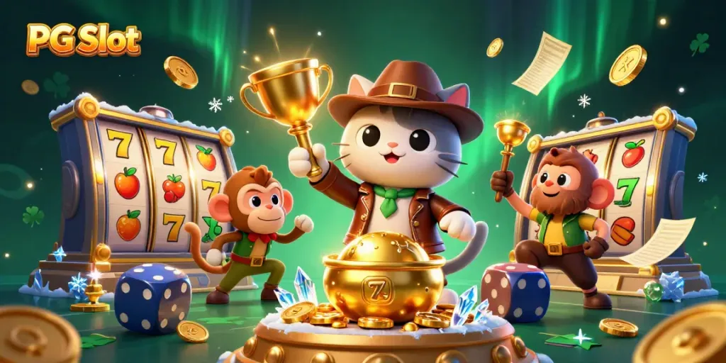 Experience excitement with PG Slot's dynamic scene featuring a cartoon explorer amidst golden jackpot elements.