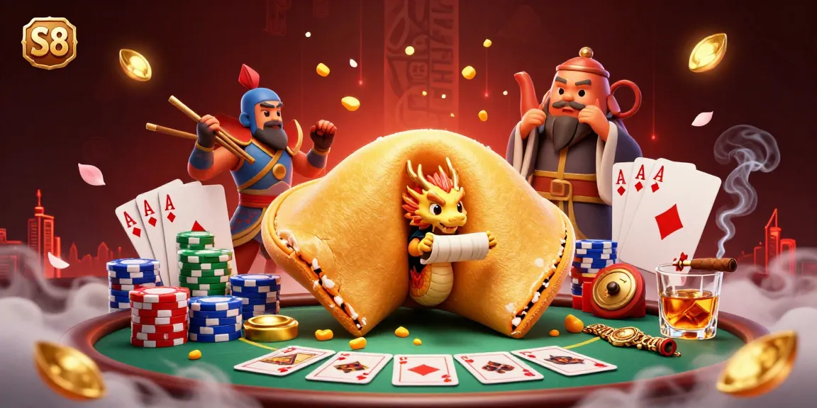 S8 casino illustration showcasing a giant golden fortune cookie with a dragon, poker chips, and dynamic game elements.