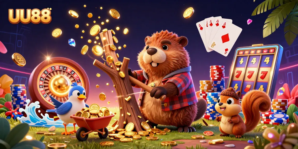 Experience thrilling gaming at UU88 with a dynamic 3D illustration of cartoon characters collecting gold coins.