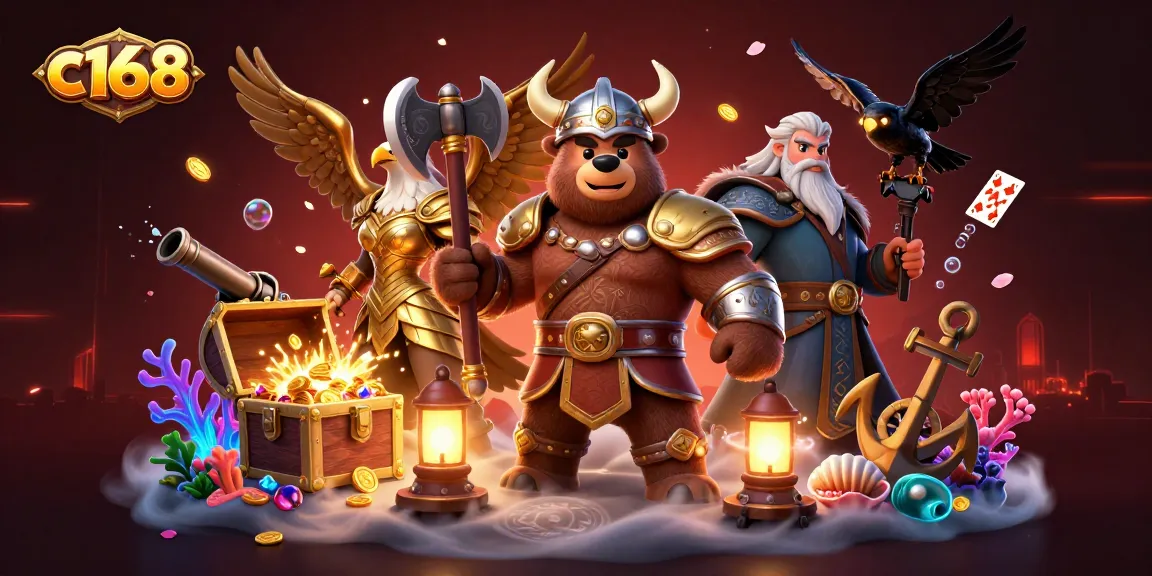 Engage in thrilling games at C168 with Viking and Valkyrie in a rich casino setting.