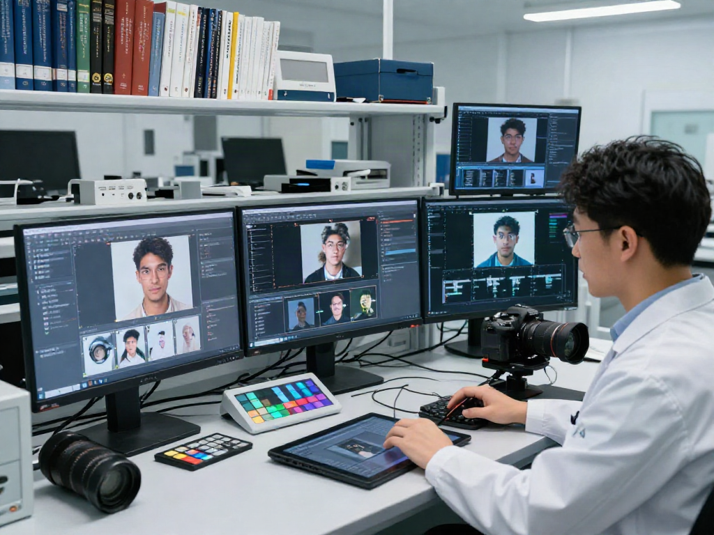 AI-Generated Image Detection in action at a digital forensics lab, with analysts reviewing synthetic images using advanced technology.