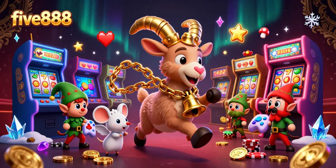 Experience the exciting action at five888 with festive Krampus in a vibrant casino scene.