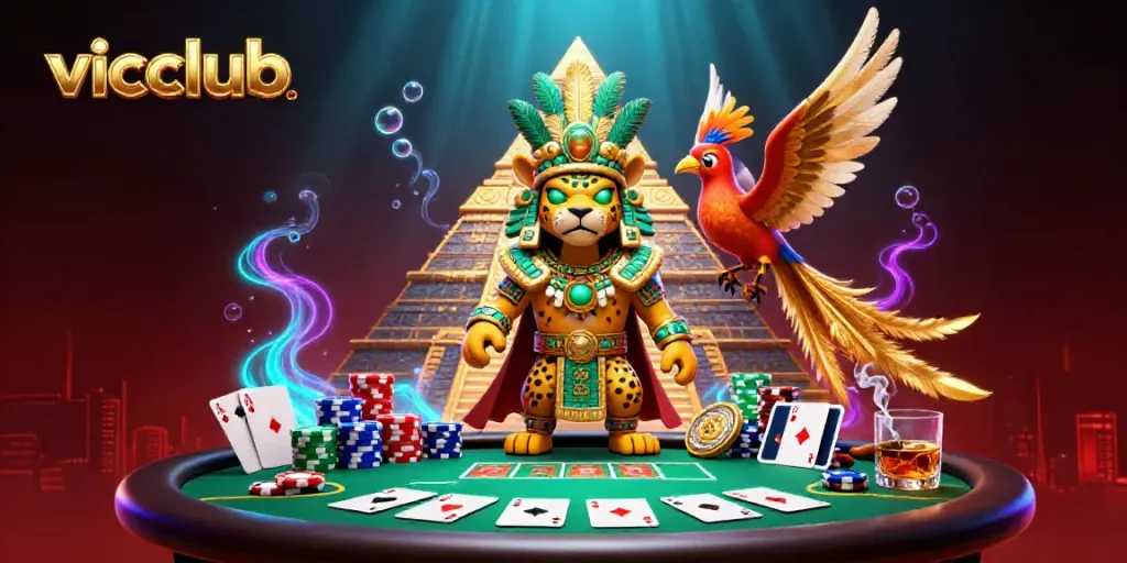 Experience the thrill at vicclub with vibrant poker elements and a majestic Mayan theme.