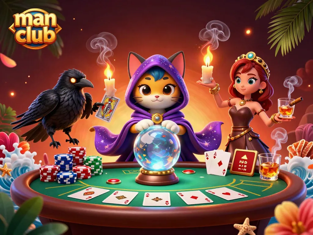 Join the man club to win exciting poker games with mystical fortune tellers and vibrant casino elements.