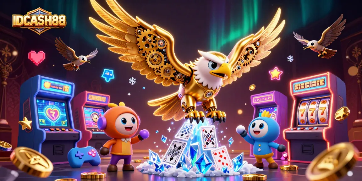 Experience IDCASH88 action in a vibrant, engaging casino-themed 3D illustration featuring a cybernetic eagle.