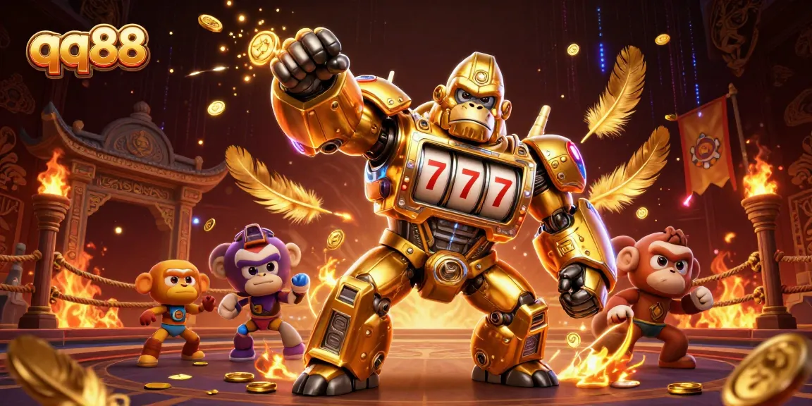 Experience thrilling action with qq88's vibrant golden gorilla mech and explosive slot machine elements.