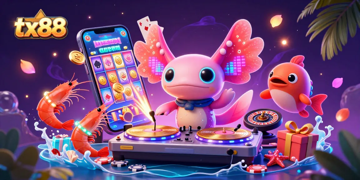 Experience winning vibes with tx88 in a vibrant underwater casino scene featuring neon-colored characters and slot game action.