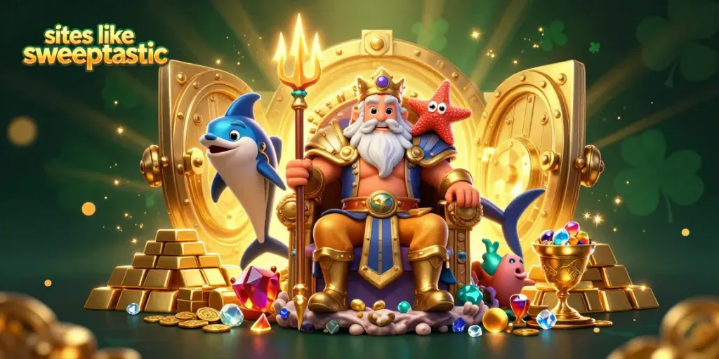 Win big at sites like sweeptastic, featuring Neptune and treasure in this vibrant casino scene.