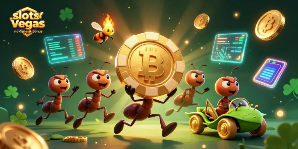 Engage with the slots of vegas no deposit bonus through this dynamic heist illustration featuring ants and crypto elements.