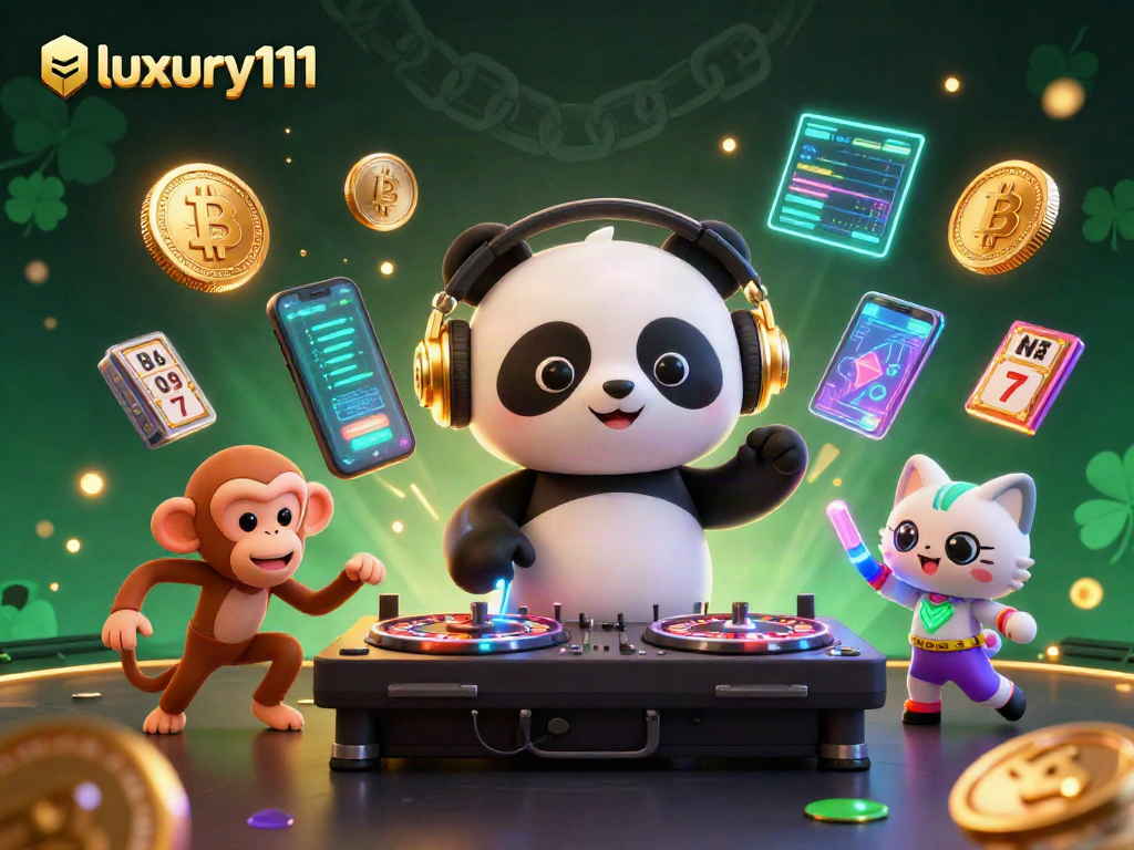 Experience luxury111 gaming with vibrant 3D characters spinning and dancing amidst neon coins and casino elements.