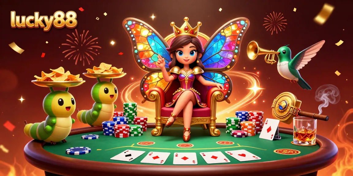 Win big with lucky88 at an exciting poker scene featuring a regal butterfly queen.