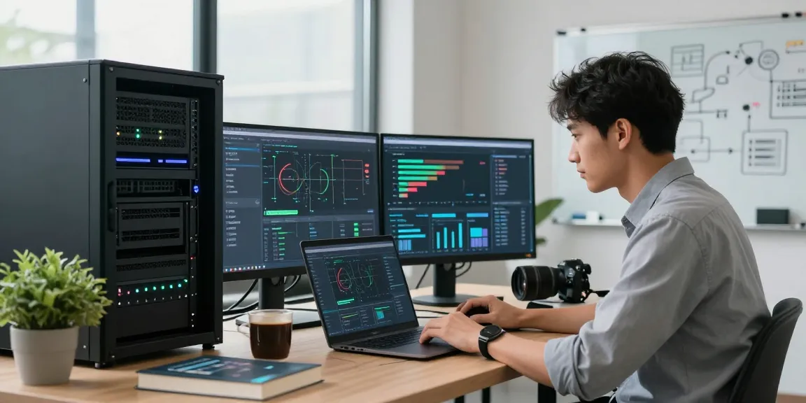 IT professional managing servidores VPS in a modern office with server racks, multiple screens displaying network metrics, and a productive atmosphere.