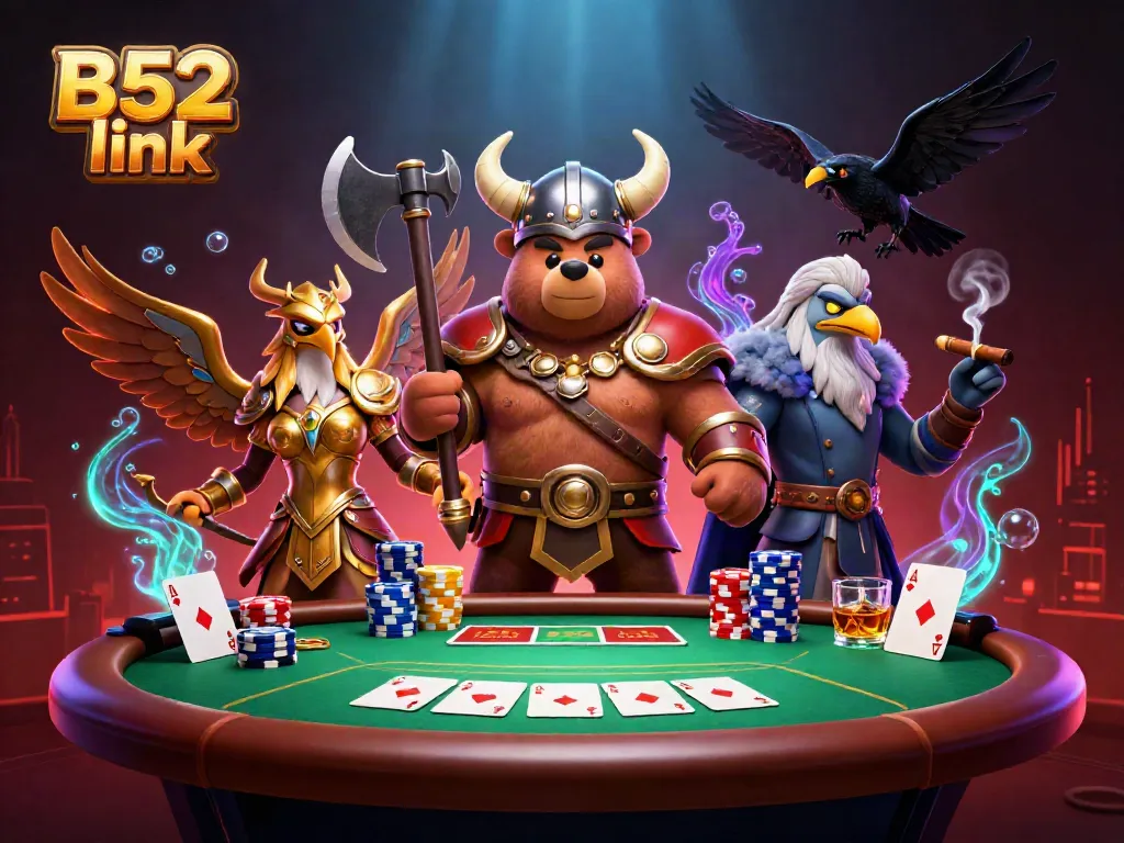 Engaging illustration featuring the B52 link with a Viking bear, Valkyrie eagle, and vibrant casino elements.