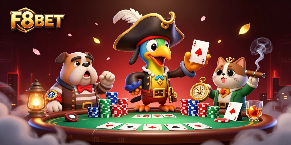 Engage in thrilling poker action with F8BET's vibrant pirate-themed casino illustration featuring key characters.
